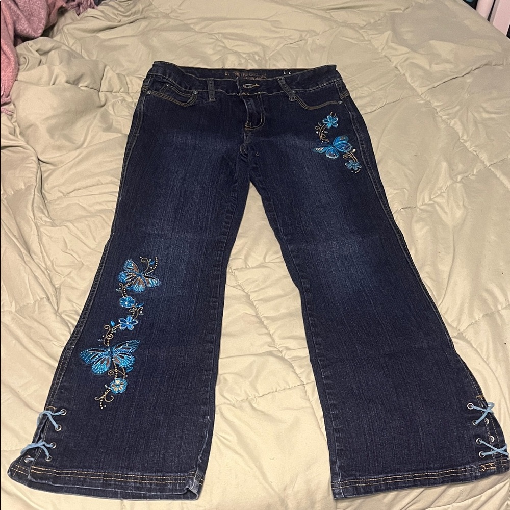 Total Girl Dark Blue Jeans with Blue Butterfly Embroidery